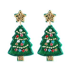 Detail of handmade green beaded Christmas tree earrings with colorful sequins and stars