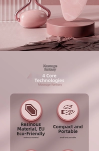 Detailed view of pink resin facial roller and heart-shaped gua sha tool set for skin care