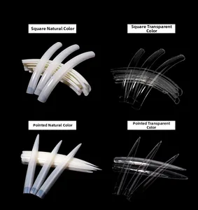Detailed comparison of square and stiletto nail tips in clear and natural colors
