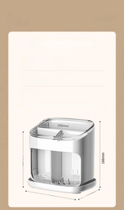 Kitchen organizer dimensions showing dual-compartment drainage holder in ABS and PET