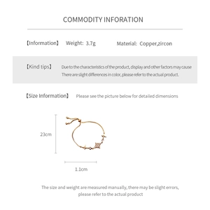 Detailed size specifications for zircon star pendant bracelet in gold-plated copper finish
