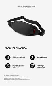 Detail of black tactical mini crossbody bag with magnetic buckle and multi-layer pockets