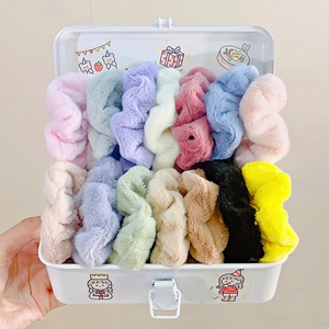 Colorful plush hair scrunchies set in a metal box for girls elastic ponytail holders
