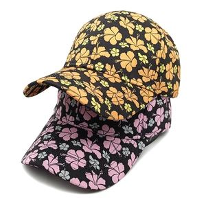 Floral print baseball caps for women in black with orange and purple hibiscus patterns