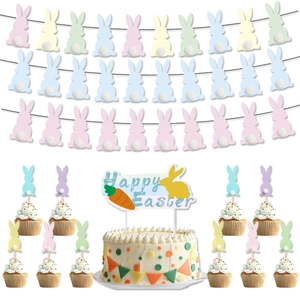 Easter Bunny Carrot Banner Cake Topper Decorations Paper Cartoon Party Supplies Happy Easter Ornament Celebration