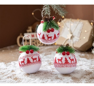 Linen Christmas ball detail with reindeer pattern, pine needles, berries and pine cones