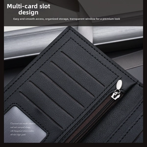 Detailed close-up of premium leather wallet showing card slots and transparent ID window