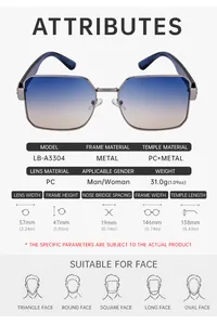 Detailed size specifications for square metal sunglasses with precise frame measurements
