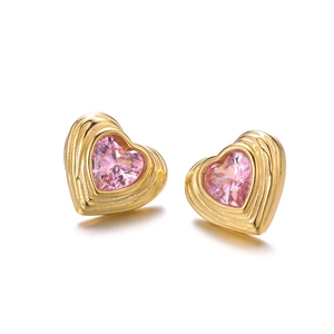 Elegant gold heart earrings with sparkling pink gemstone studs for women jewelry