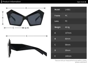 Detailed size chart for irregular sunglasses showing lens width and frame measurements