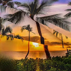 Gros plan détaillé montrant la texture tissée et l'imprimé palmier tropical au coucher du soleil