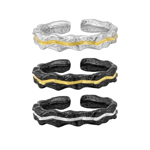 Three S925 sterling silver open rings with hammered texture in mixed plating finishes