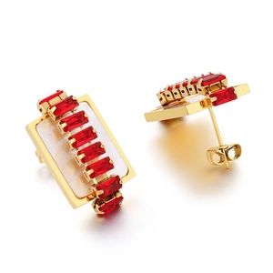 Elegant gold rectangular stud earrings with red zircons and white shell inlay accents