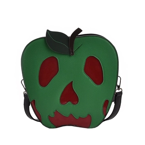 Quirky Halloween apple-shaped crossbody bag with red skull face and green pebbled leather