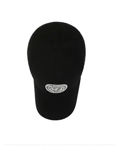 Top view of a black cotton baseball cap featuring high-density silver oval embroidery