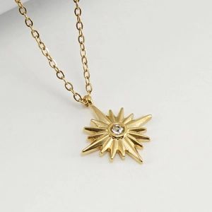 Eight Pointed Star Pendant Necklace 18K Gold Plated Stainless Steel Zirconia Sunburst Octagram Jewelry For Women