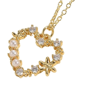 Elegant gold heart pendant necklace with white pearls and zircons on white background
