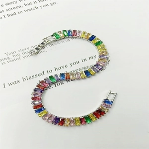 Chic silver tennis bracelet with colorful rectangular-cut cubic zirconia stones on card