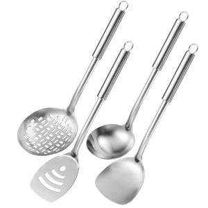 Stainless steel 4-piece kitchen utensil set with oval handles and hanging loops