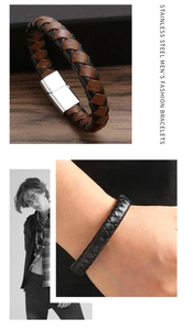 Detail of braided leather bracelet with high-polish stainless steel magnetic clasp