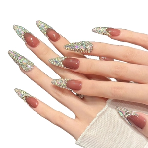 Pink French long stiletto press-on nails with AB crystals and luxury rhinestone finish