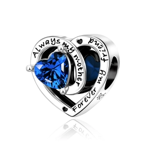 Detailed S925 silver heart charm with blue gem and Always my mother engraving