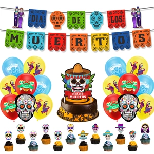 Detailed view of Day of the Dead party kit including colorful banners and cake toppers