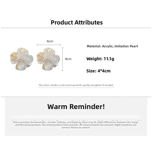 Detail showing acrylic flower earrings with faux pearls, 4x4cm size and 11.1g weight info