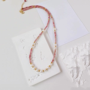 Pink gemstone and freshwater pearl beaded necklace with adjustable golden clasp