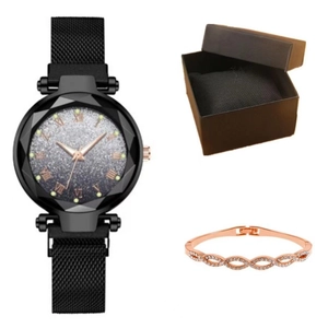 Women's starry sky quartz watch with magnetic strap and rose gold infinity bracelet set