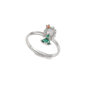 Detail of adjustable silver ring featuring milky white opal and green pear gemstones