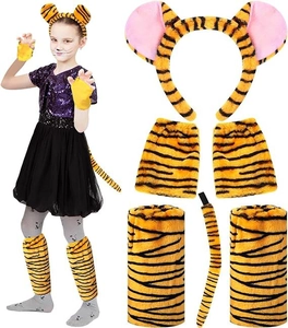 Detailed plush tiger costume set featuring ears, striped gloves, leg warmers, and a tail