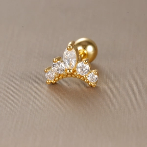 Golden crown cartilage earring with marquise zircon and screw back closure