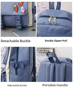 Detail view of canvas backpack featuring dual-way sport zippers and adjustable buckles