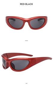 Front and side view of Y2K sporty sunglasses with red frames and black lenses