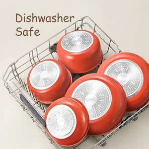 5-piece orange non-stick cookware set with induction base, dishwasher safe and durable