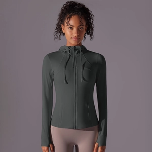 Detail of dark grey sports jacket showing long sleeves with thumb holes and slim-fit cut