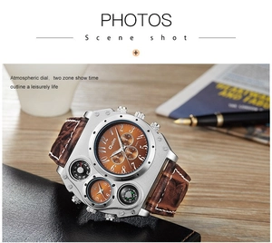 Detailed view of dual timezone large dial watch with brown leather strap and steel case