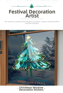 Detailed Christmas tree window sticker with festive red ornaments and Merry Christmas text