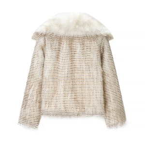 Veste courte en fausse fourrure pour femme avec rayures marron et large col à revers, dos