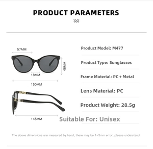 Detailed technical diagram of black cat-eye sunglasses with gold scale temple accents