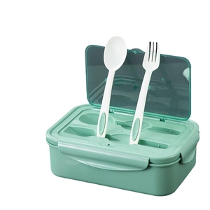 Mint green plastic bento lunch box with microwave safe material and cutlery set