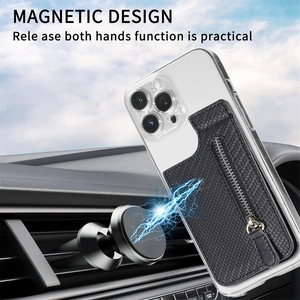 Universal magnetic card holder phone case with carbon fiber zipper wallet on car mount