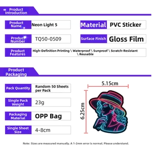 Detailed product specifications and size dimensions for waterproof neon graffiti stickers