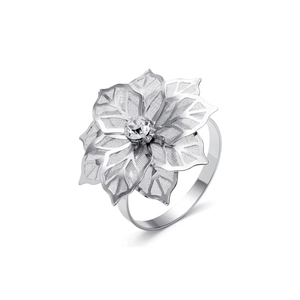 Detail of silver flower napkin ring with hollow mesh petals and central crystal gem