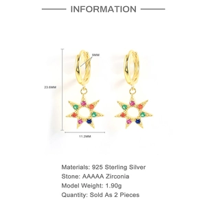 Detail of S925 sterling silver gold star earrings with colorful cubic zirconia stones