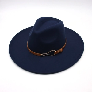 Detailed close-up of navy blue fedora hat with brown leather band and gold buckle