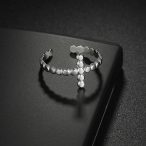 Polished silver beaded stainless steel ring with cross design and adjustable opening