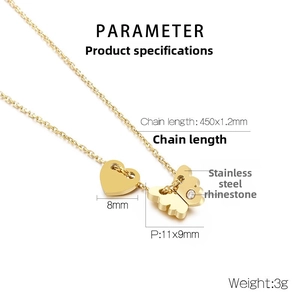 Detailed dimensions of stainless steel butterfly and heart necklace with rhinestone