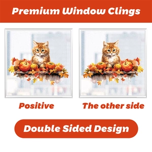 Double-sided premium window cling showing cute orange cat with autumn leaves and pumpkin